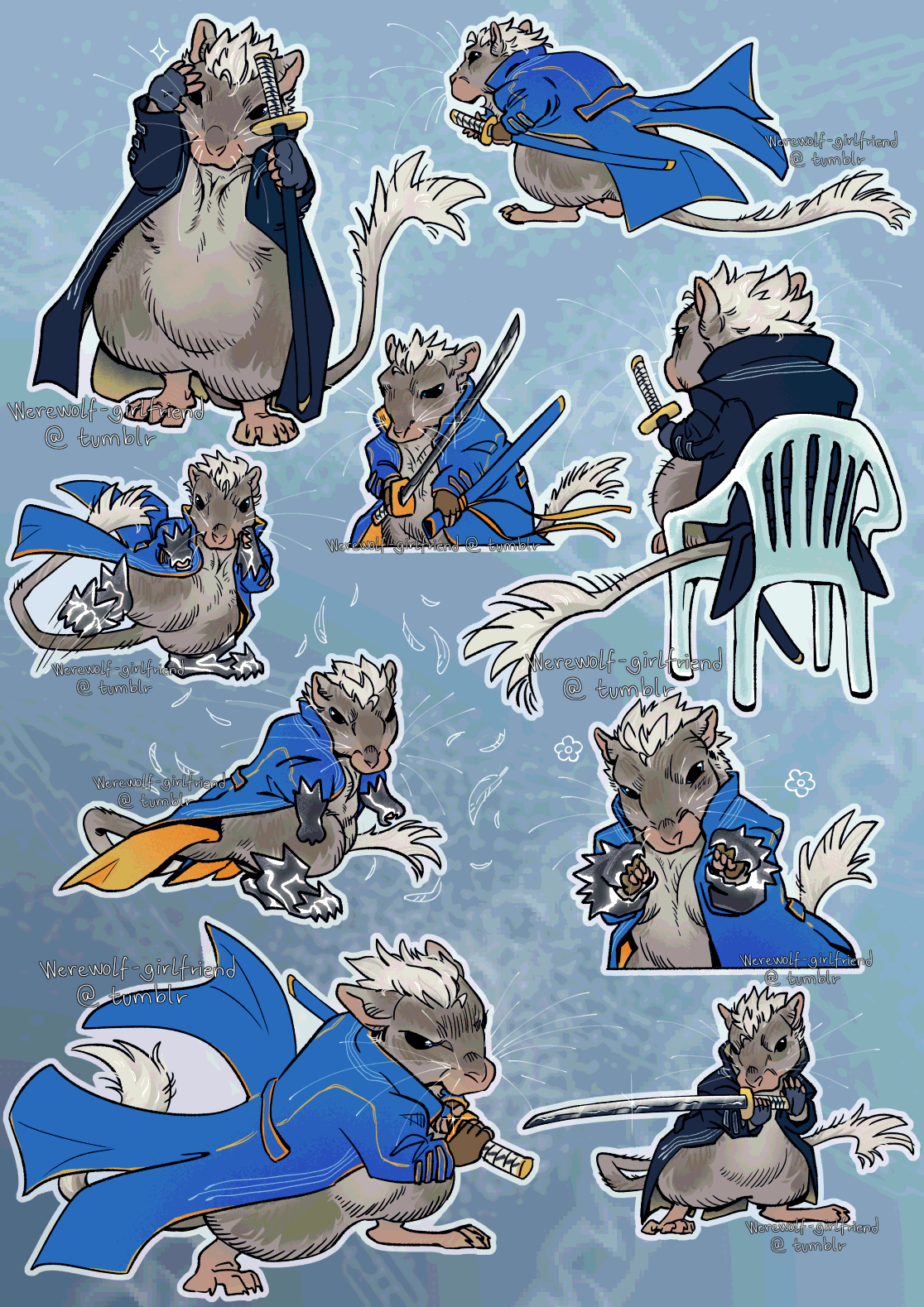 9 digital drawings of Vergil from Devil May Cry as a gerbil. Each gerbil is wearing either his blue coat from Devil May Cry 3 or black coat from Devil May Cry 5, wielding either his katana or gauntlet weapons, and has swept-back, white hair.